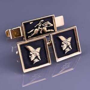 Revere Company Cufflinks Tie Bar Clip Set Gold Plated Black Vintage